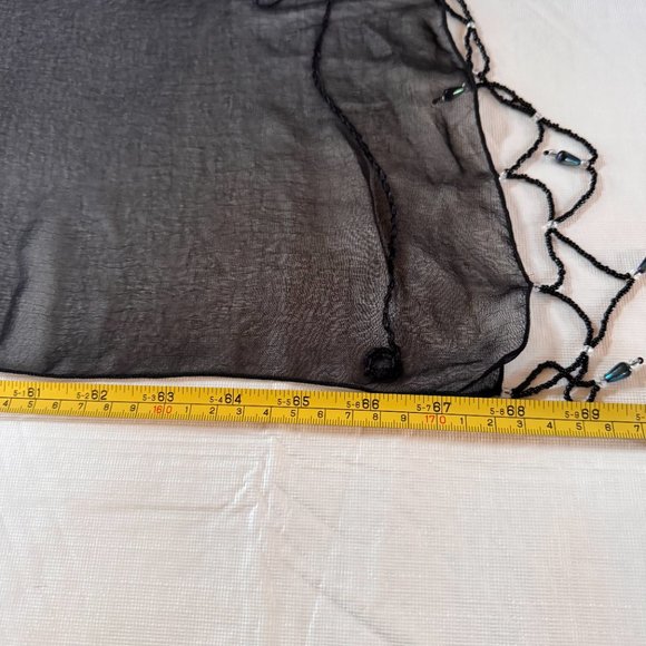 Sheer Black Beaded Fringe Chiffon Sarong Wrap Handmade - Picture 6 of 8